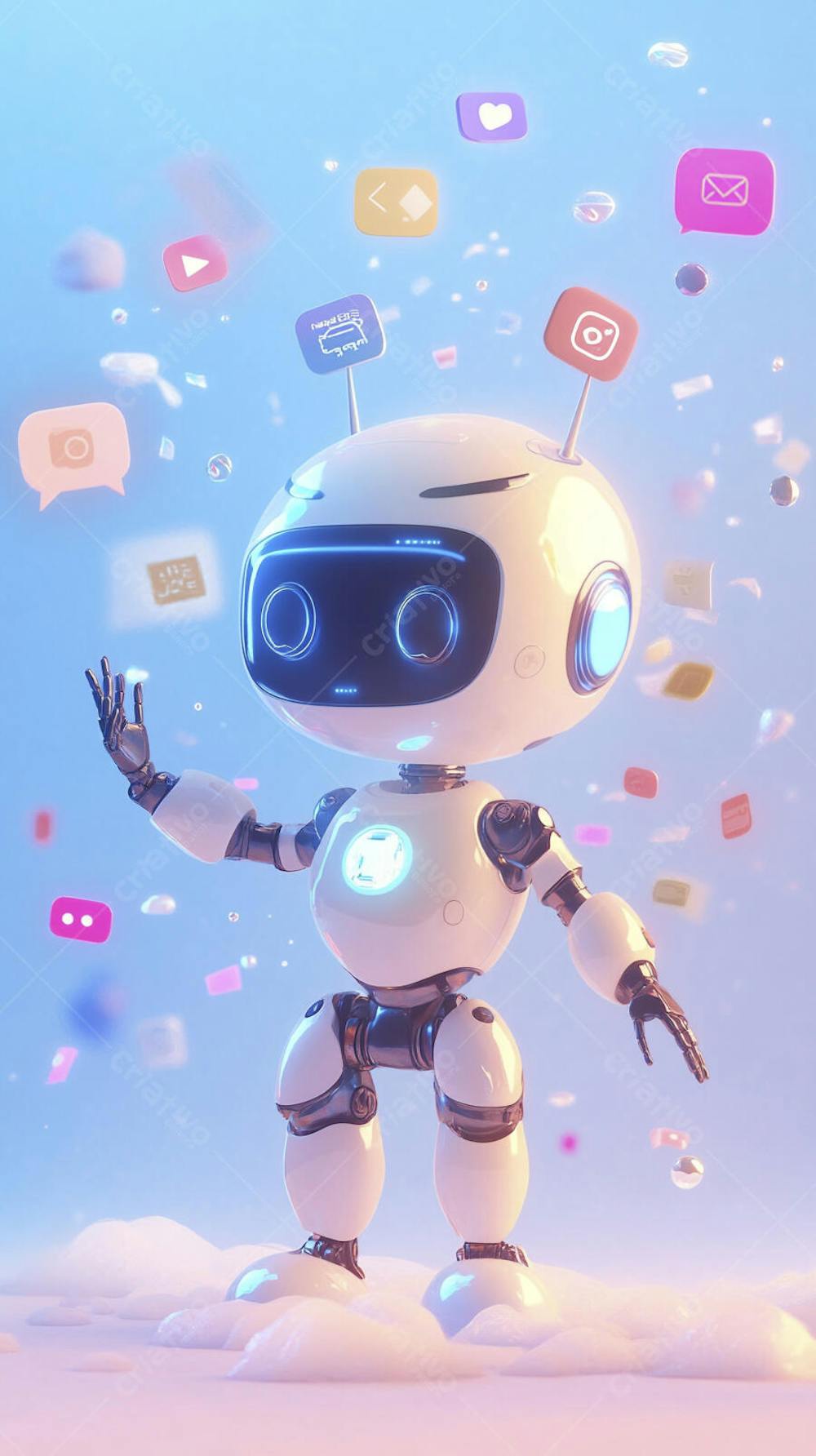 Ilustração de um robô interagindo com redes sociais e tecnologia digital