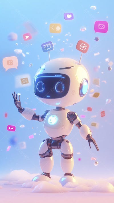 Ilustração de um robô interagindo com redes sociais e tecnologia digital