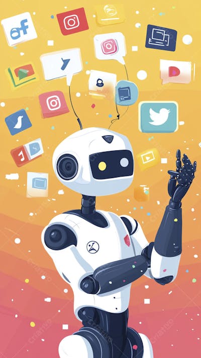 Ilustração de um robô interagindo com redes sociais e tecnologia digital