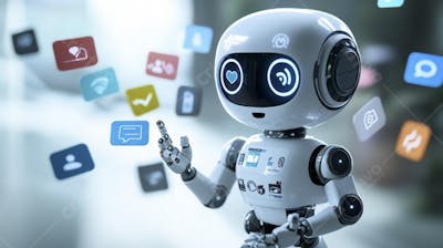 Ilustração de um robô interagindo com redes sociais e tecnologia digital