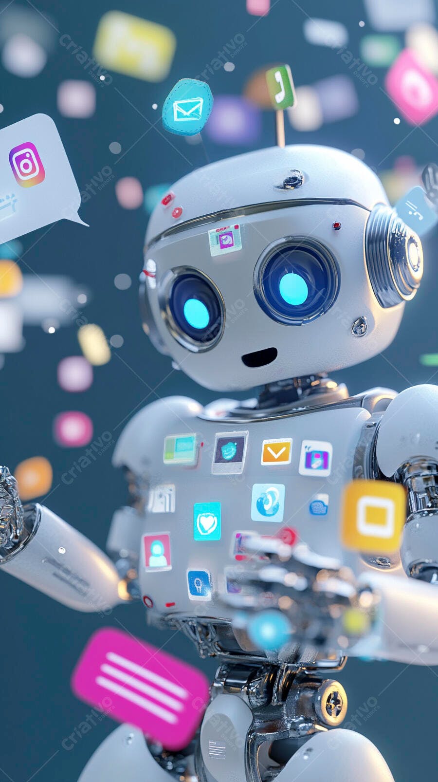 Robô tecnológico interagindo com ícones de mídia social
