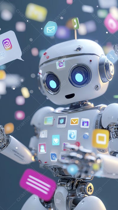 Ilustração de um robô interagindo com redes sociais e tecnologia digital