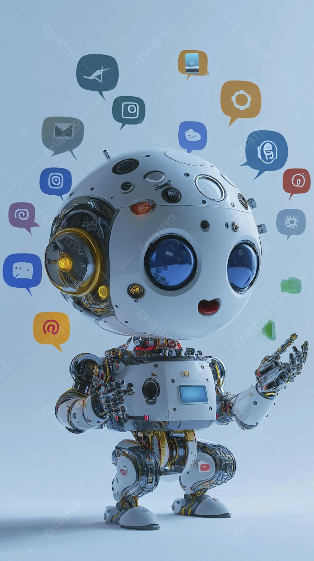 Ilustração de um robô interagindo com redes sociais e tecnologia digital