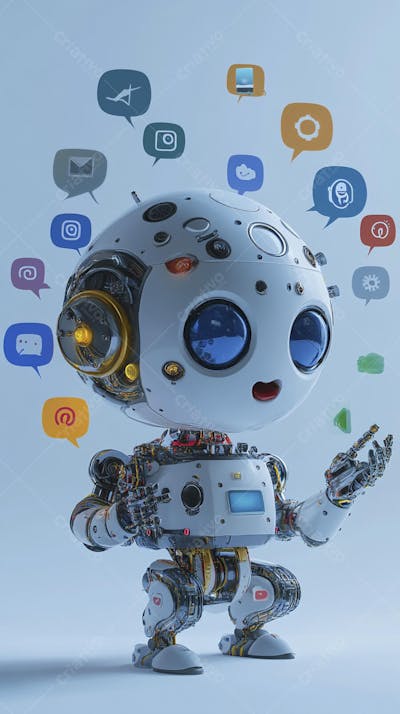 Ilustração de um robô interagindo com redes sociais e tecnologia digital