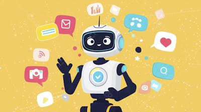 Ilustração de um robô interagindo com redes sociais e tecnologia digital