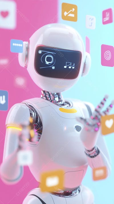 Ilustração de um robô interagindo com redes sociais e tecnologia digital