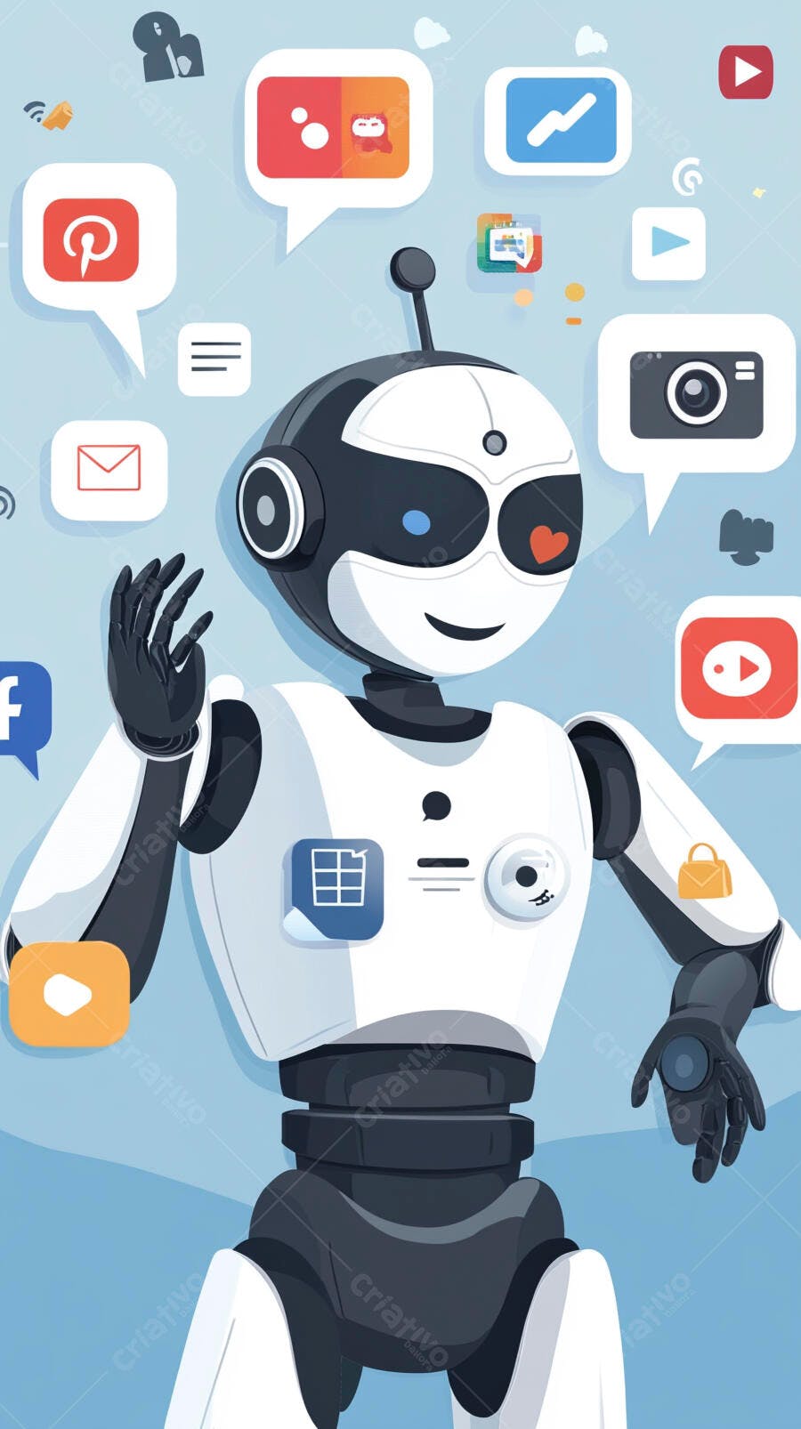 Robô amigável interagindo com ícones de mídia social