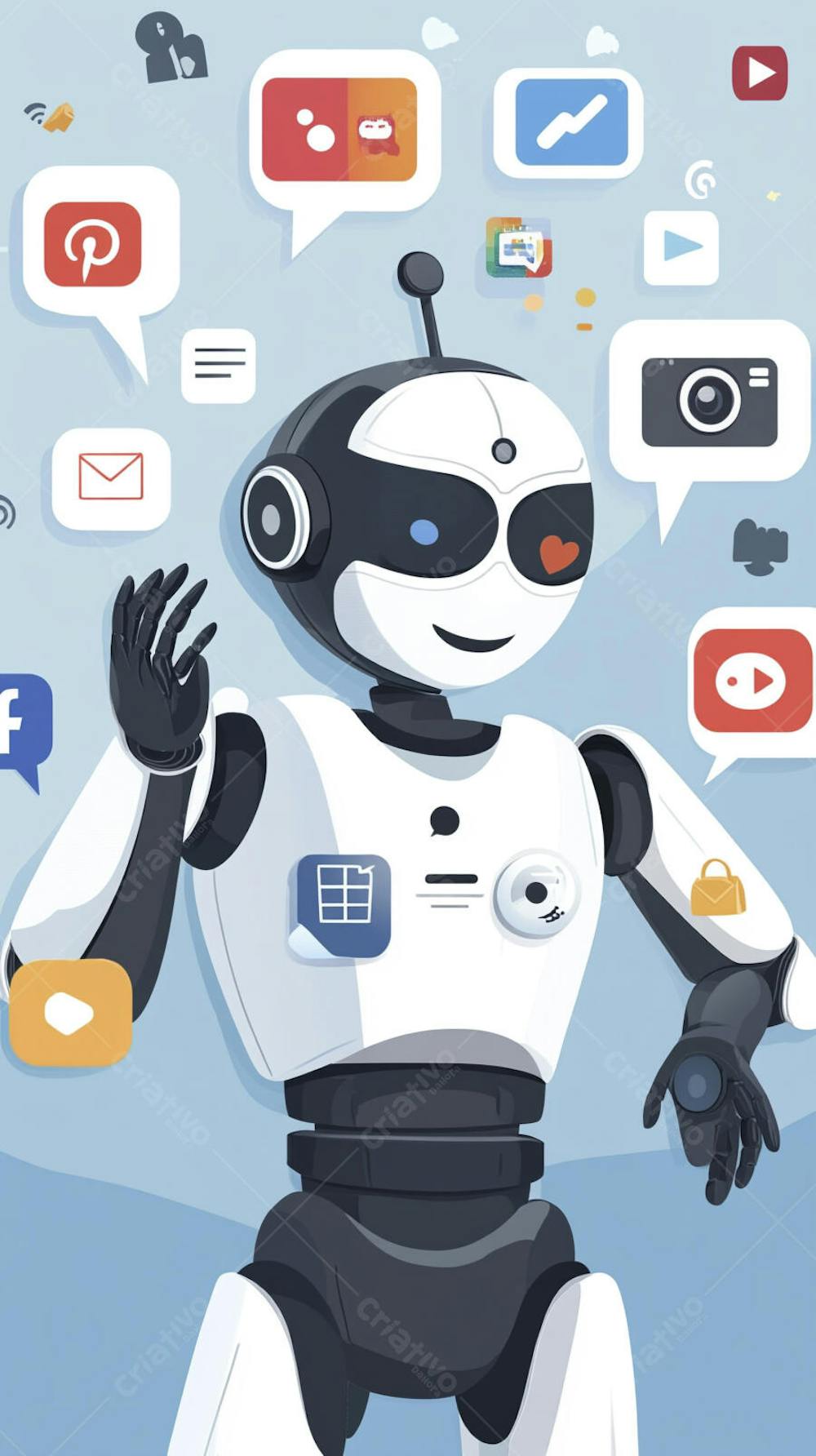 Ilustração de um robô interagindo com redes sociais e tecnologia digital