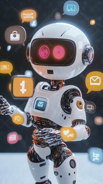 Ilustração de um robô interagindo com redes sociais e tecnologia digital