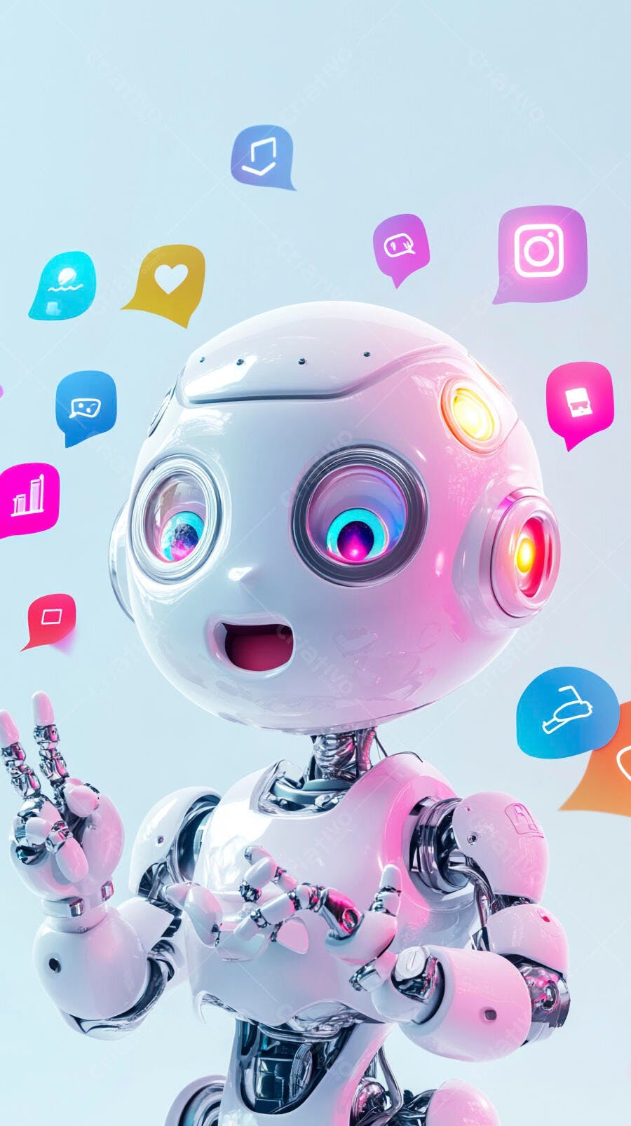 Robô amigável com ícones de mídia social