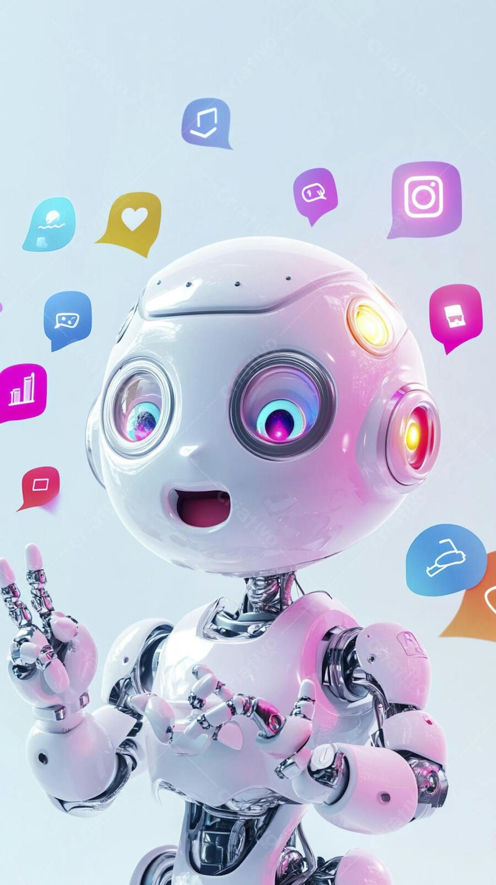 Ilustração de um robô interagindo com redes sociais e tecnologia digital