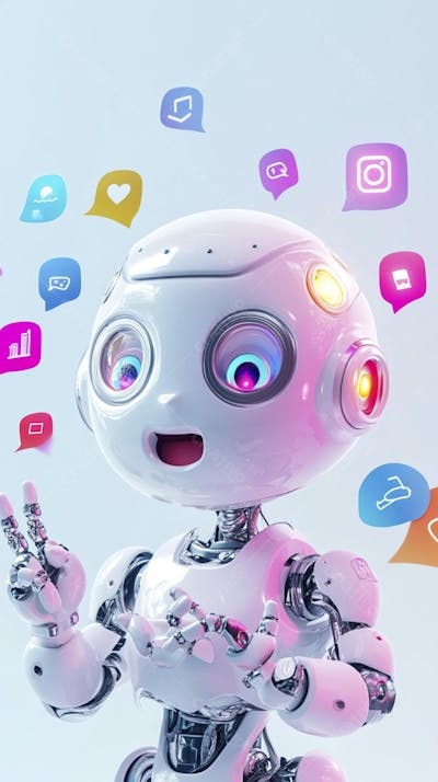 Ilustração de um robô interagindo com redes sociais e tecnologia digital