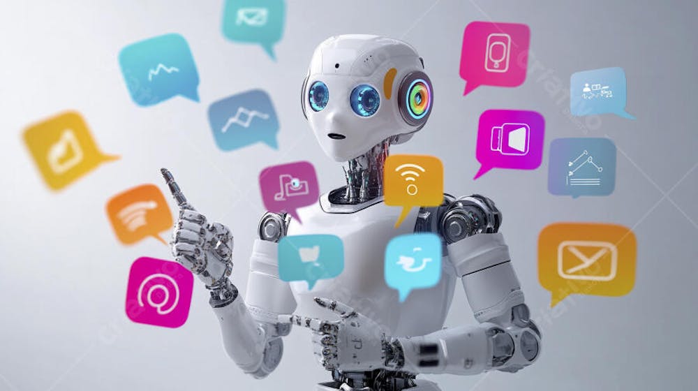 Ilustração de um robô interagindo com redes sociais e tecnologia digital