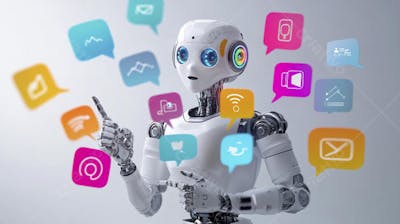 Ilustração de um robô interagindo com redes sociais e tecnologia digital