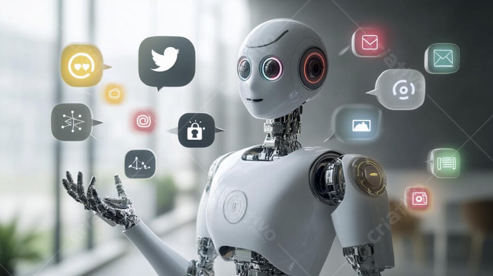 Ilustração de um robô interagindo com redes sociais e tecnologia digital