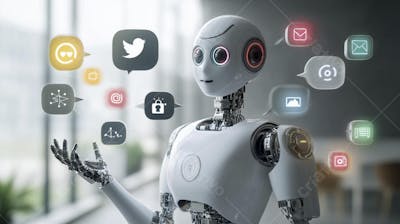 Ilustração de um robô interagindo com redes sociais e tecnologia digital
