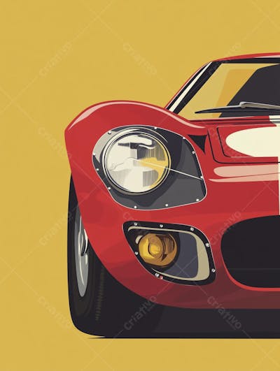Carro esportivo clássico em arte minimalista com fundo amarelo e vemelho