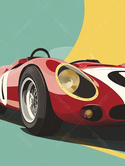 Carro esportivo clássico em arte minimalista com fundo amarelo e vemelho