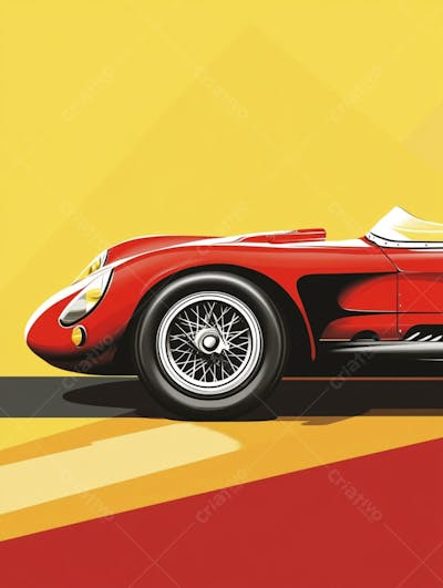 Carro esportivo clássico em arte minimalista com fundo amarelo e vemelho