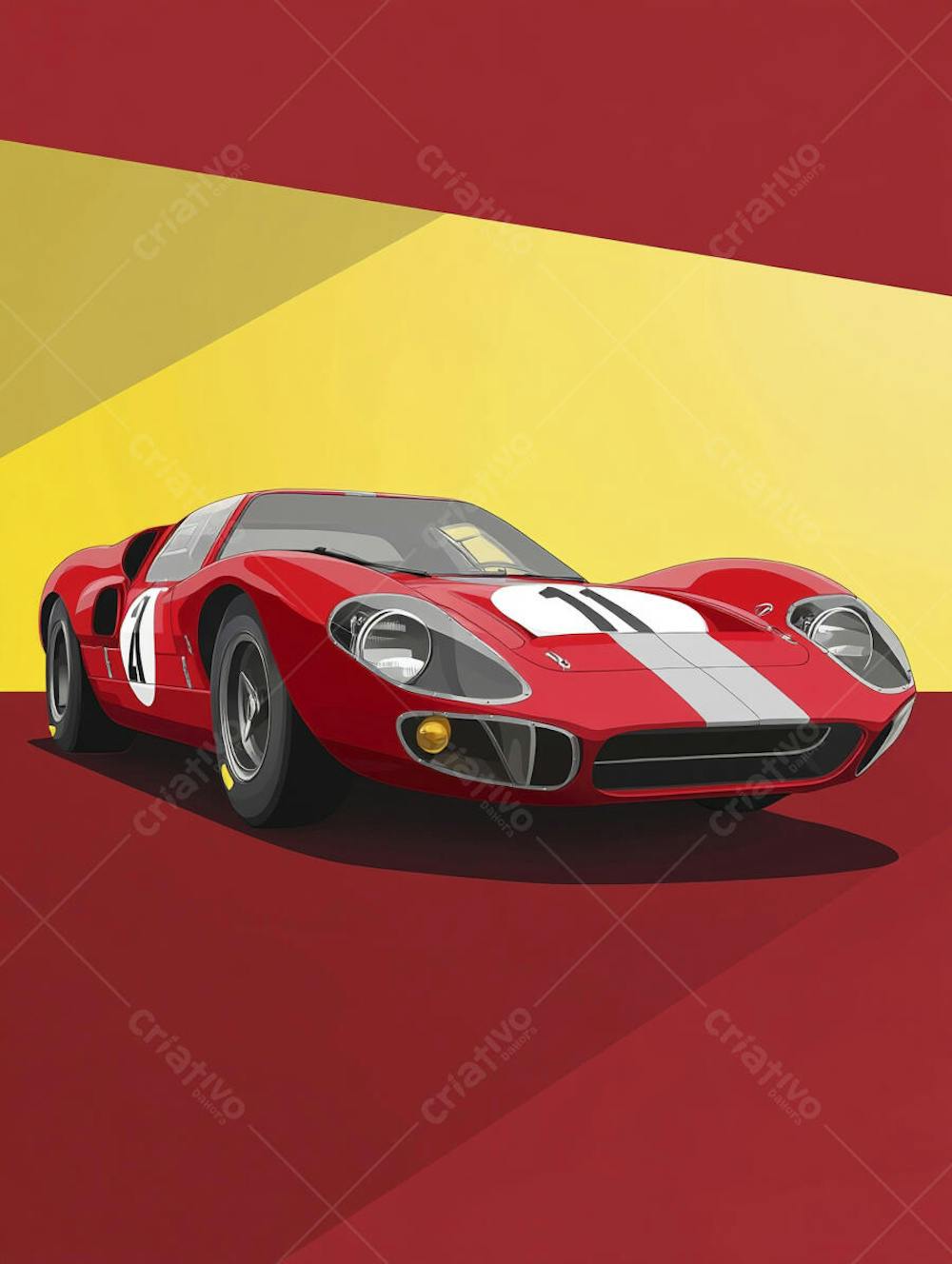 Carro esportivo clássico em arte minimalista com fundo amarelo e vemelho