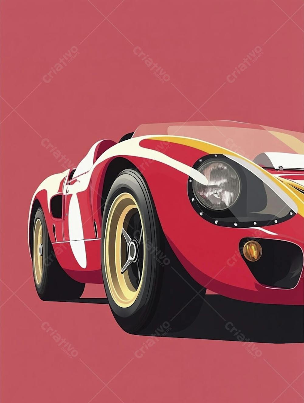 Carro esportivo clássico em arte minimalista com fundo amarelo e vemelho