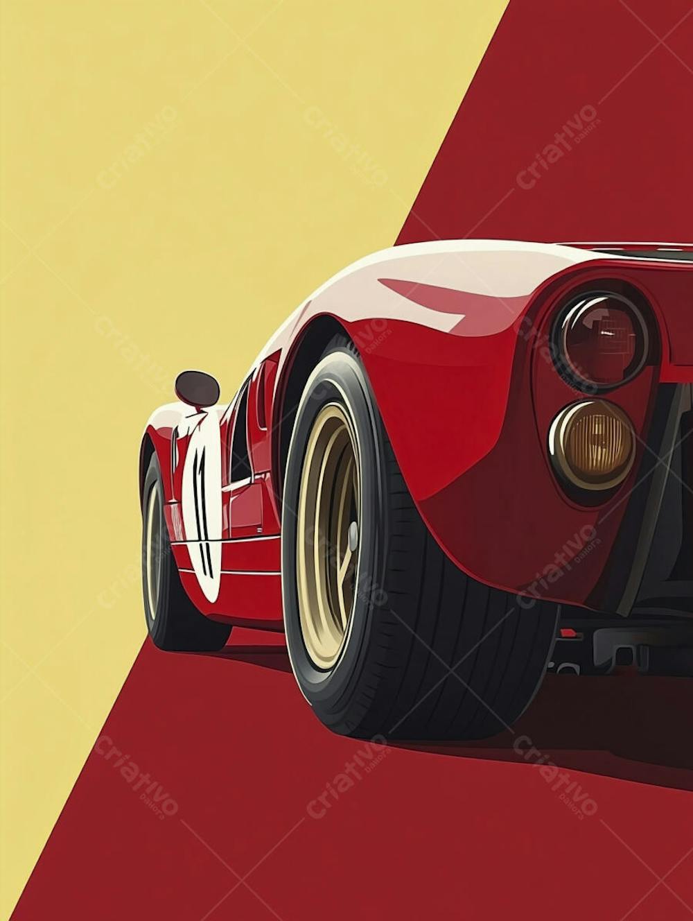 Carro esportivo clássico em arte minimalista com fundo amarelo e vemelho