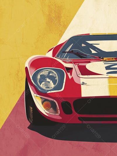Carro esportivo clássico em arte minimalista com fundo amarelo e vemelho