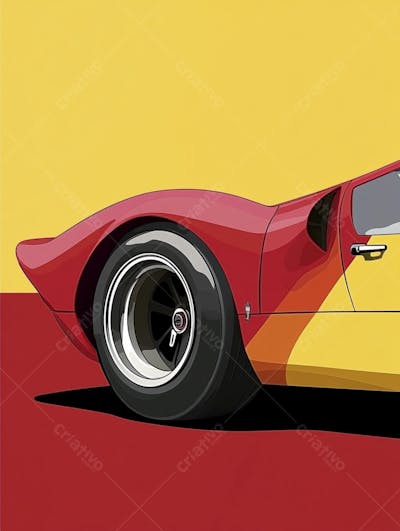 Carro esportivo clássico em arte minimalista com fundo amarelo e vemelho
