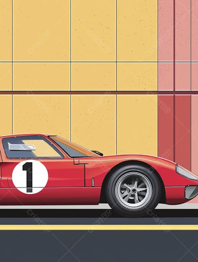 Carro esportivo clássico em arte minimalista com fundo amarelo e vemelho