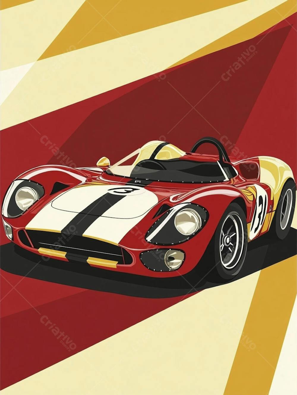Carro esportivo clássico em arte minimalista com fundo amarelo e vemelho