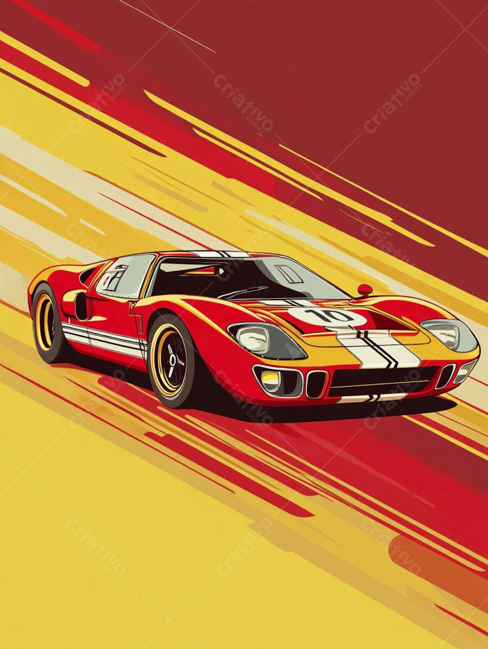 Carro esportivo clássico em arte minimalista com fundo amarelo e vemelho