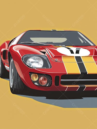 Carro esportivo clássico em arte minimalista com fundo amarelo e vemelho