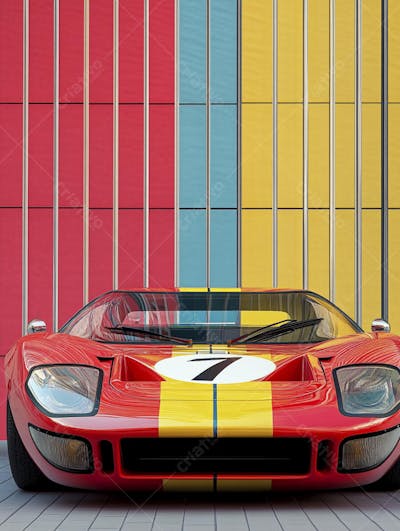 Carro esportivo clássico em arte minimalista com fundo amarelo e vemelho