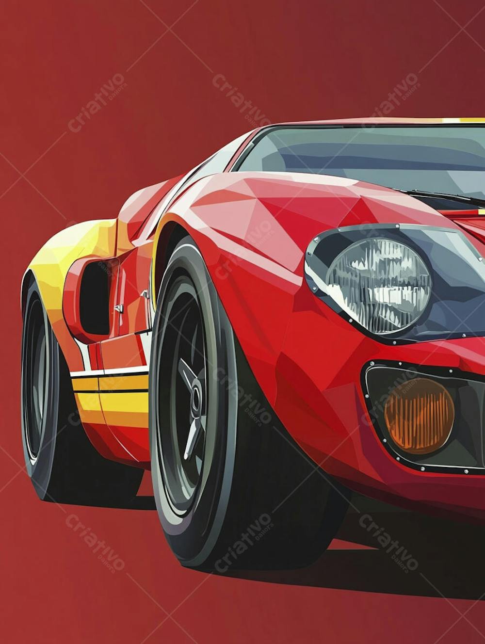 Carro esportivo clássico em arte minimalista com fundo amarelo e vemelho