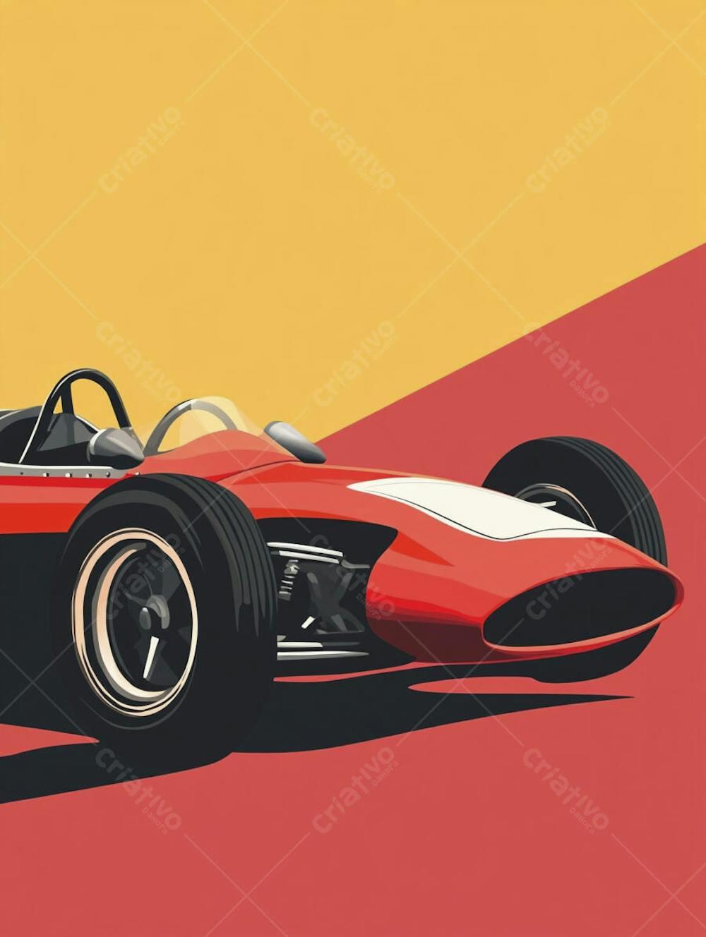 Carro esportivo clássico em arte minimalista com fundo amarelo e vemelho