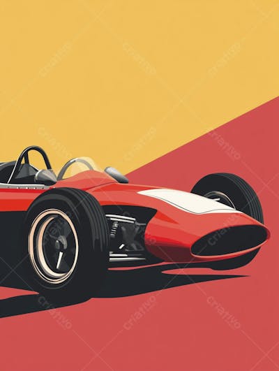 Carro esportivo clássico em arte minimalista com fundo amarelo e vemelho
