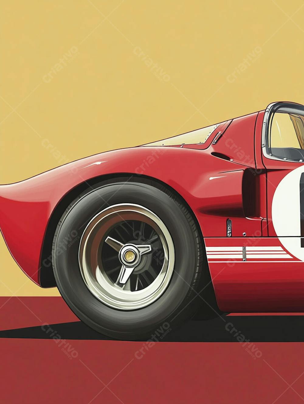 Carro esportivo clássico em arte minimalista com fundo amarelo e vemelho