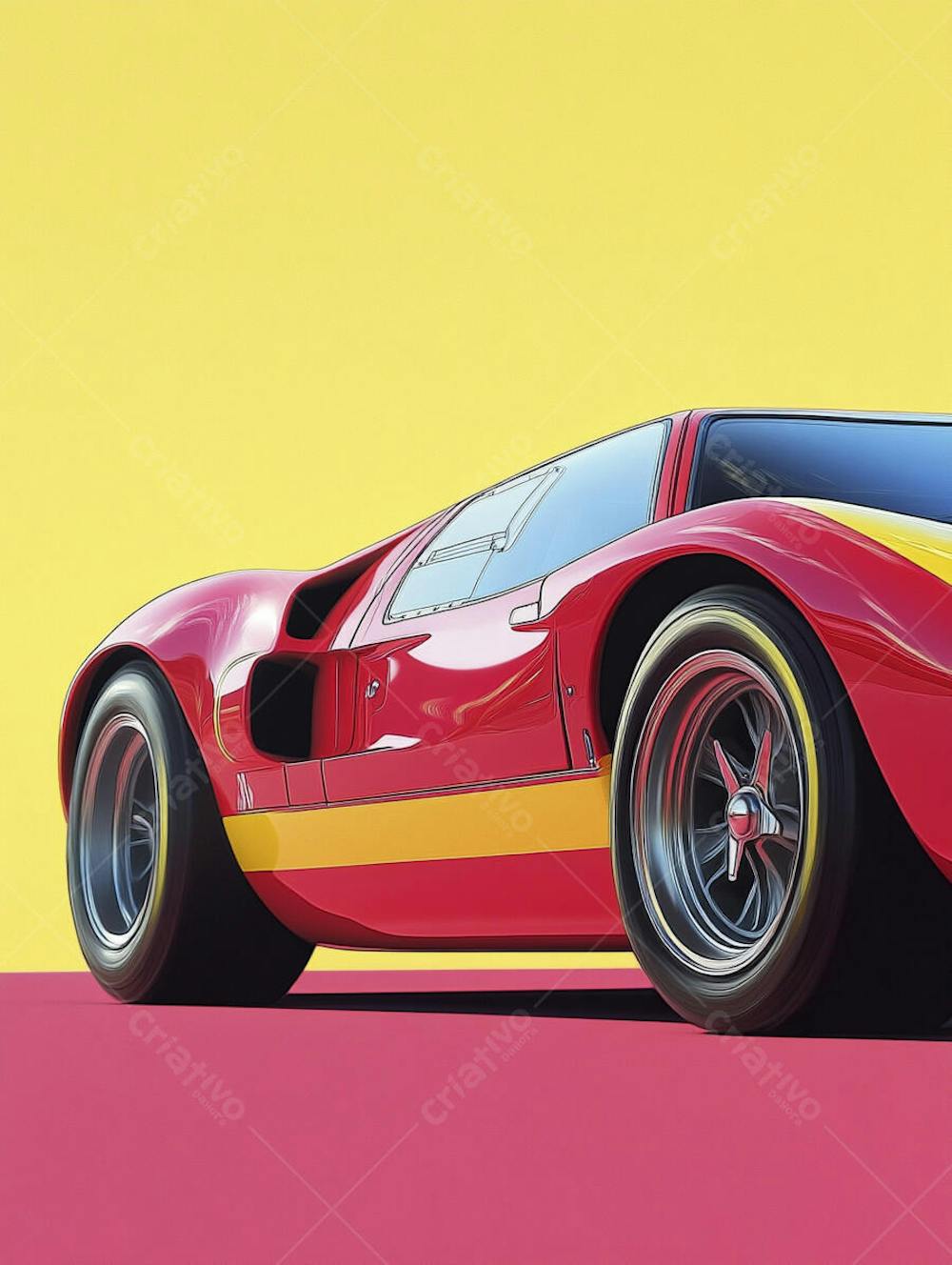 Carro esportivo clássico em arte minimalista com fundo amarelo e vemelho