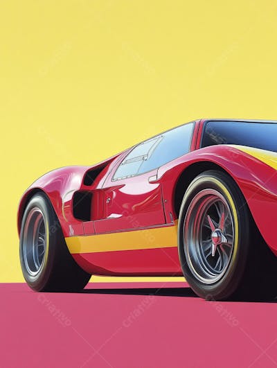 Carro esportivo clássico em arte minimalista com fundo amarelo e vemelho