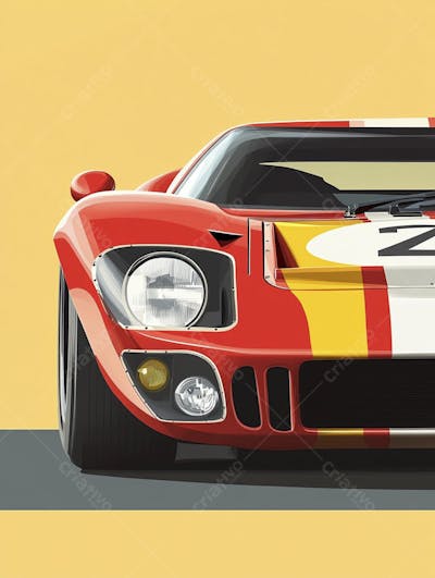 Carro esportivo clássico em arte minimalista com fundo amarelo e vemelho
