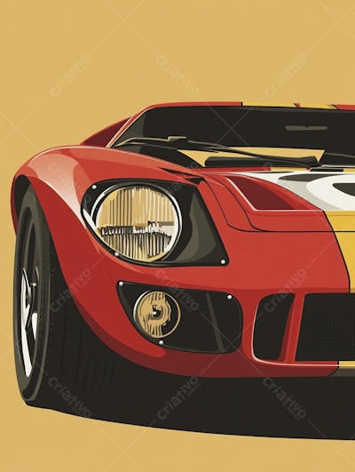 Carro esportivo clássico em arte minimalista com fundo amarelo e vemelho
