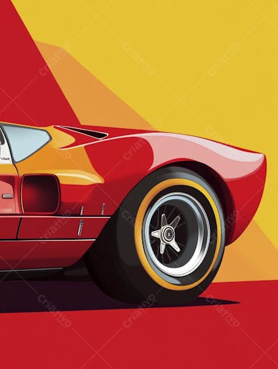 Carro esportivo clássico em arte minimalista com fundo amarelo e vemelho