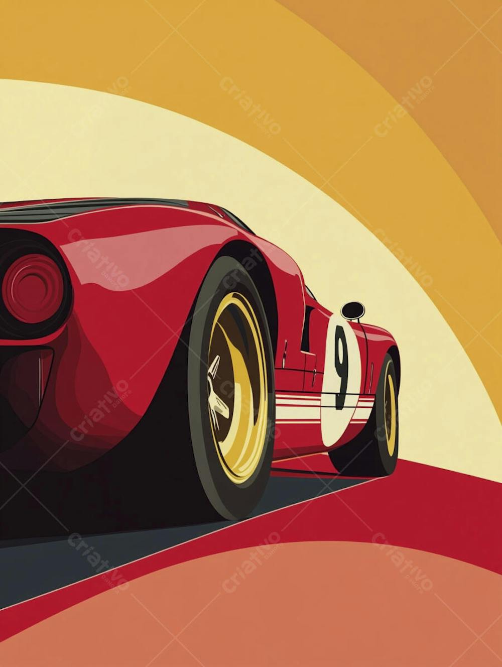 Carro esportivo clássico em arte minimalista com fundo amarelo e vemelho