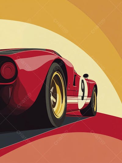 Carro esportivo clássico em arte minimalista com fundo amarelo e vemelho