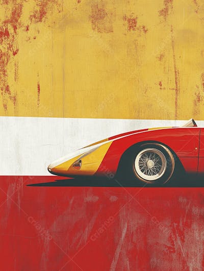 Carro esportivo clássico em arte minimalista com fundo amarelo e vemelho