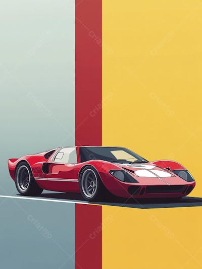 Carro esportivo clássico em arte minimalista com fundo amarelo e vemelho