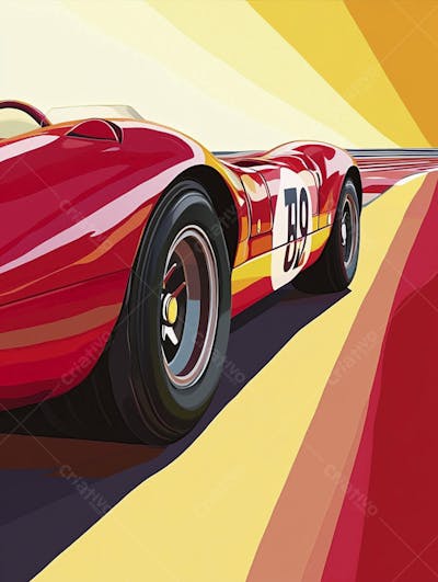 Carro esportivo clássico em arte minimalista com fundo amarelo e vemelho