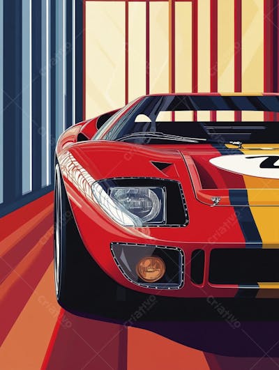 Carro esportivo clássico em arte minimalista com fundo amarelo e vemelho