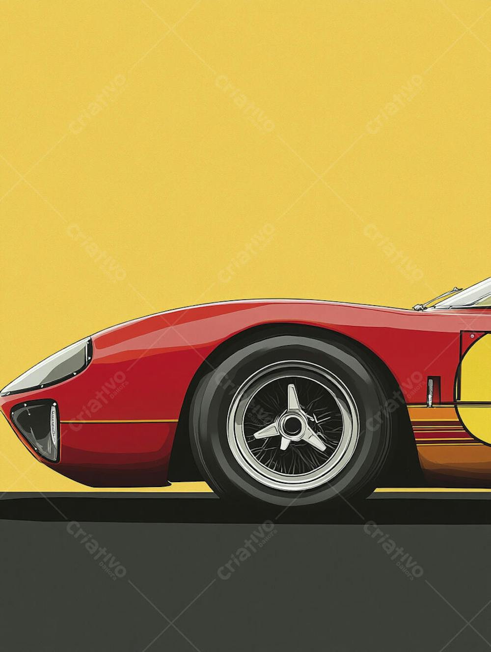 Carro esportivo clássico em arte minimalista com fundo amarelo e vemelho