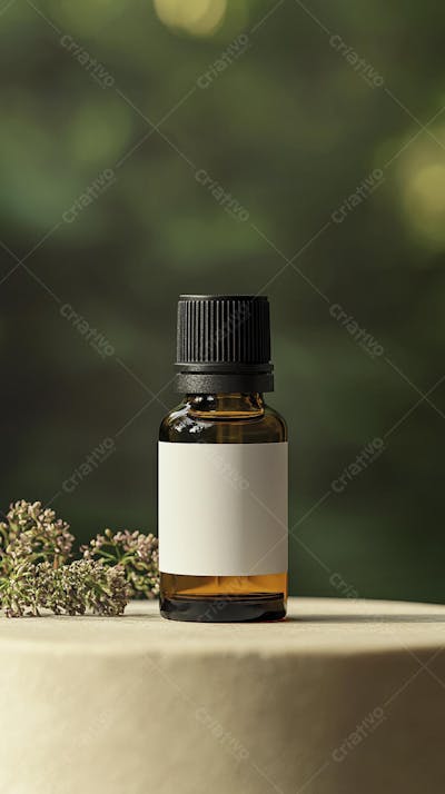 Frasco de óleo essencial em ambiente natural com fundo esverdeado